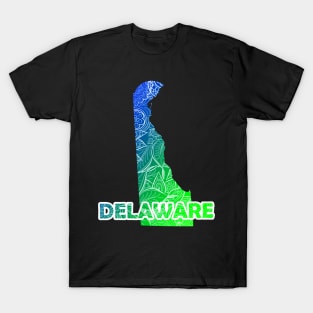 Colorful mandala art map of Delaware with text in blue and green T-Shirt